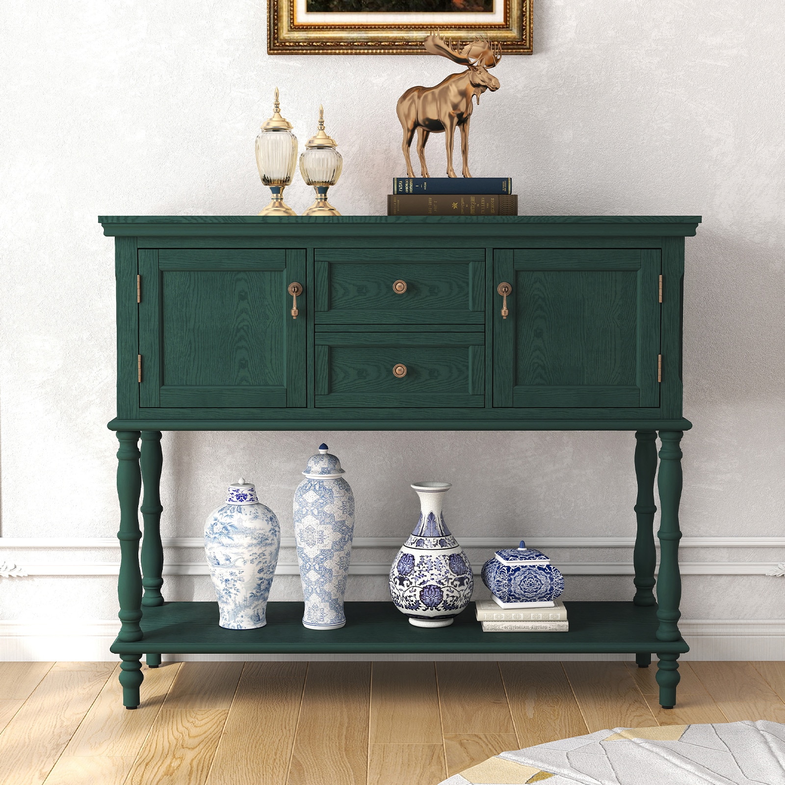 Retro Console Table With Storage And Drawers For Living Room Green_voghion.com